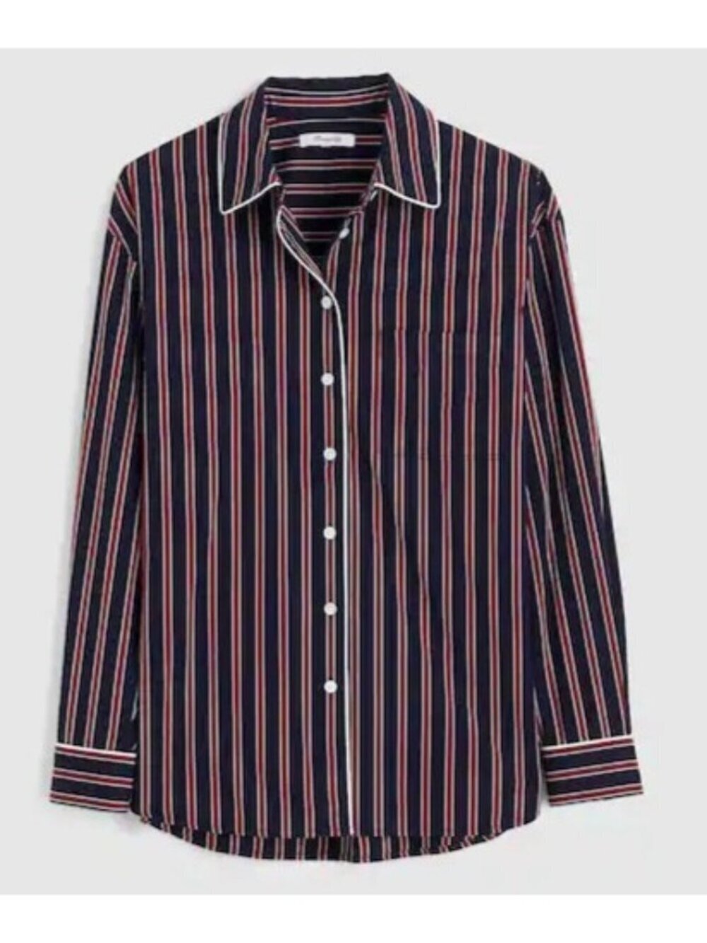 Madewell Long Button-Up Shirt in Stripe Poplin~Size M~Red Navy Stripe NWT L10 27
